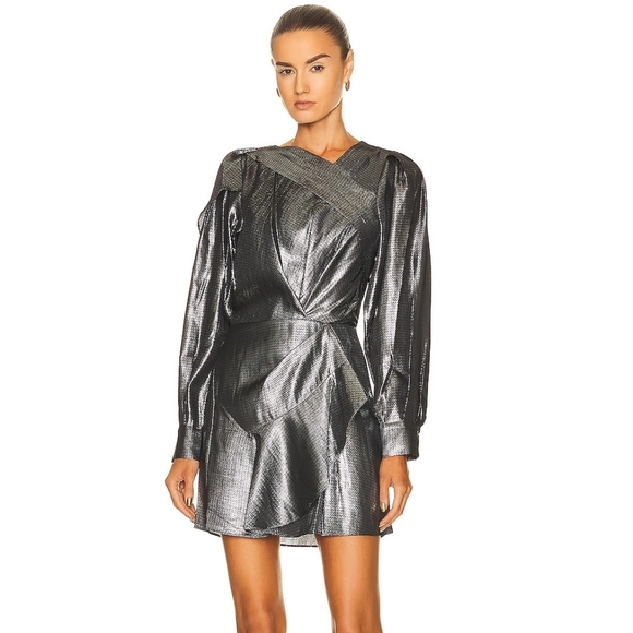 IRO Kinao Mini Dress - Shimmering Pewter Print - Size 36 - Picture 3 of 11